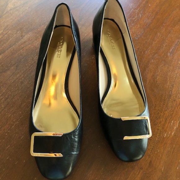 Coach Shoes - COACH Black Leather Pump Gold Buckle & Heel Trim 8